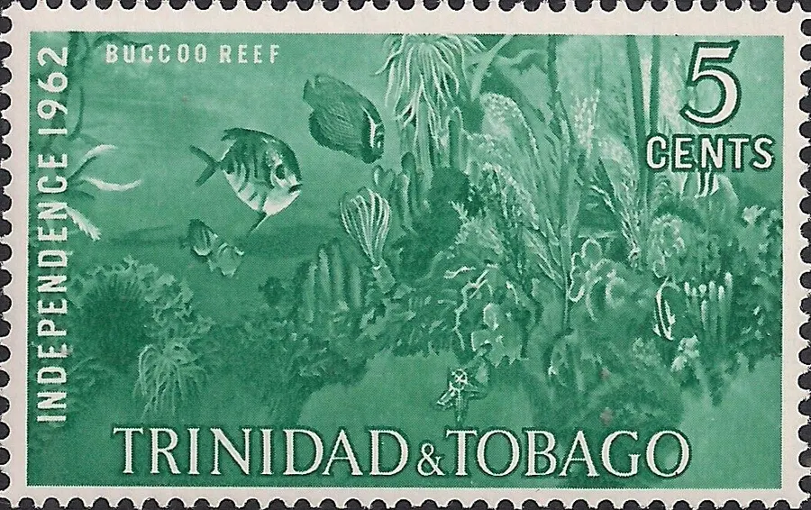 A 5-cent stamp from Trinidad and Tobago's 1962 independence issue, showing fish on Buccoo Reef off Tobago