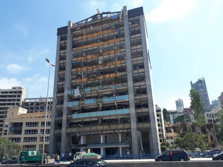 A blast-damaged building in Beirut two days after the explosion of 4 August 2020