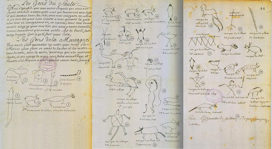 The treaty of the Great Peace of Montreal, with the pictographic marks of the Indigenous nations that signed it