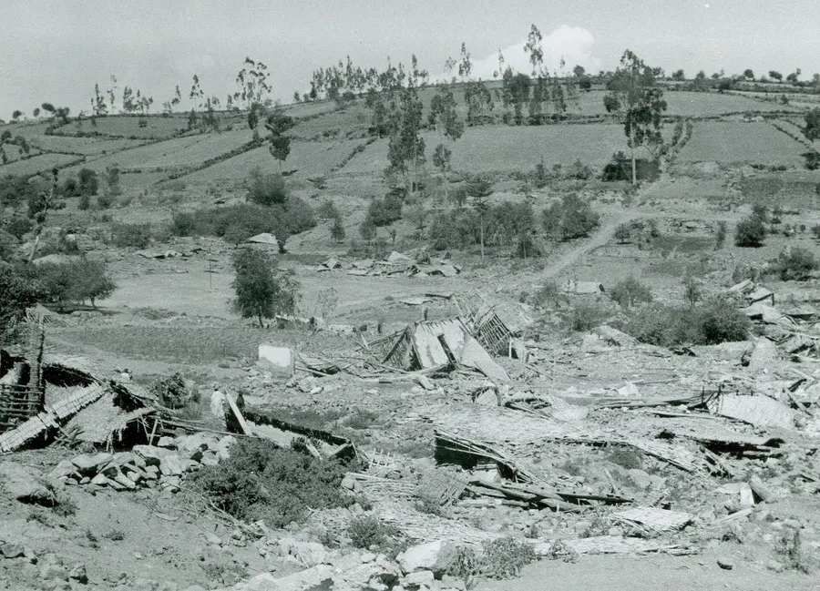 Rubble on the hillside at Pelileo after the earthquake of 1949