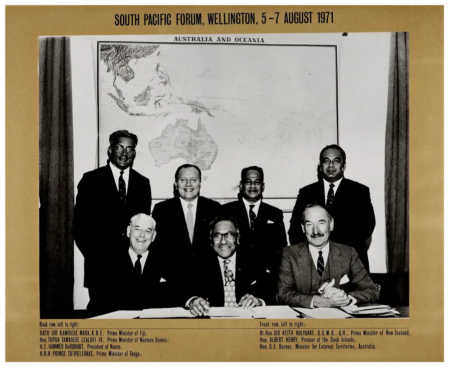 Leaders and ministers at the first South Pacific Forum in Wellington, 5 to 7 August 1971, in front of a map of Australia and Oceania
