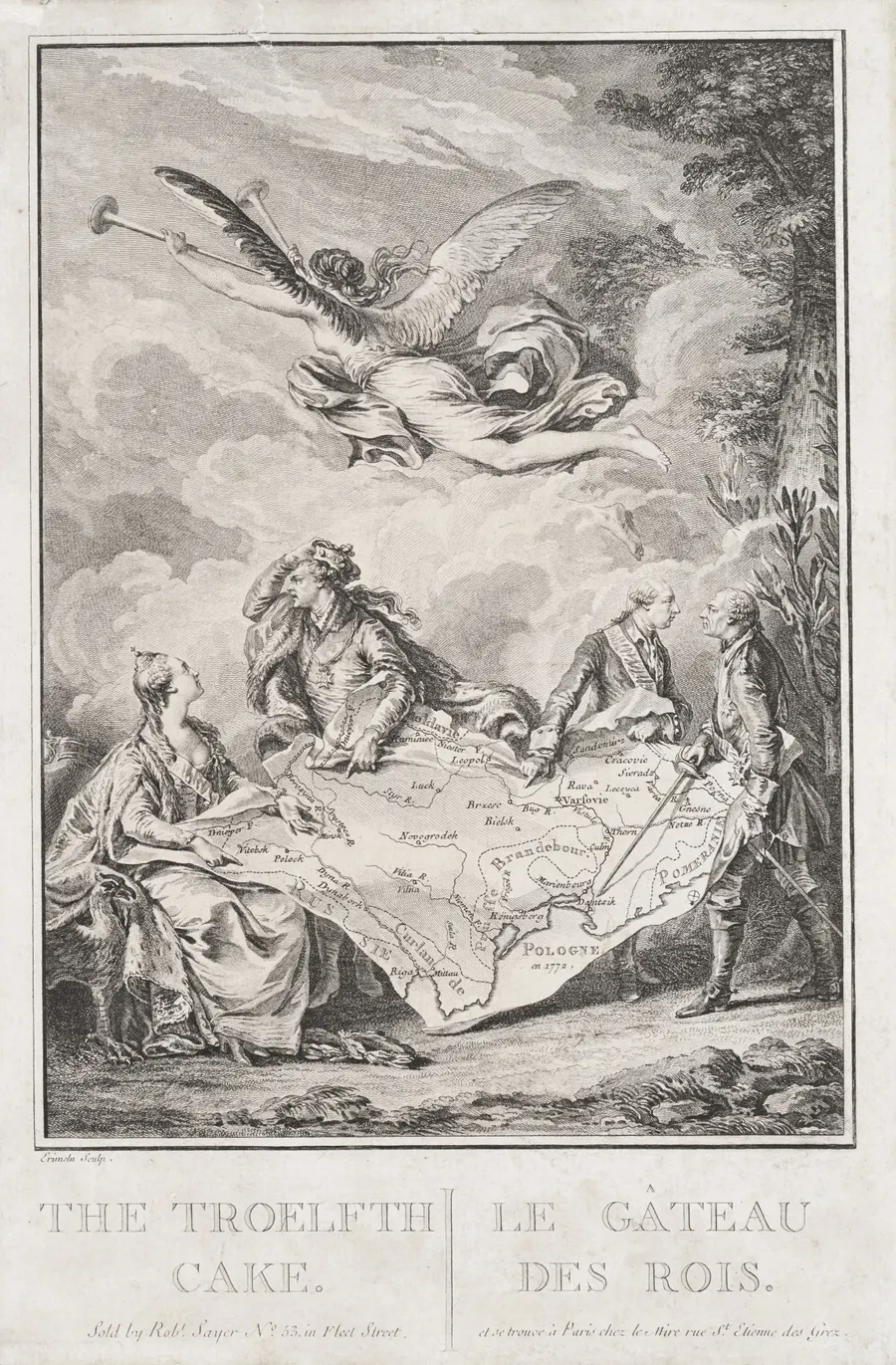 The monarchs of Russia, Austria and Prussia point to their shares of a map of Poland, while Poland's king clutches his crown, in an engraving by Noël Le Mire after Jean-Michel Moreau
