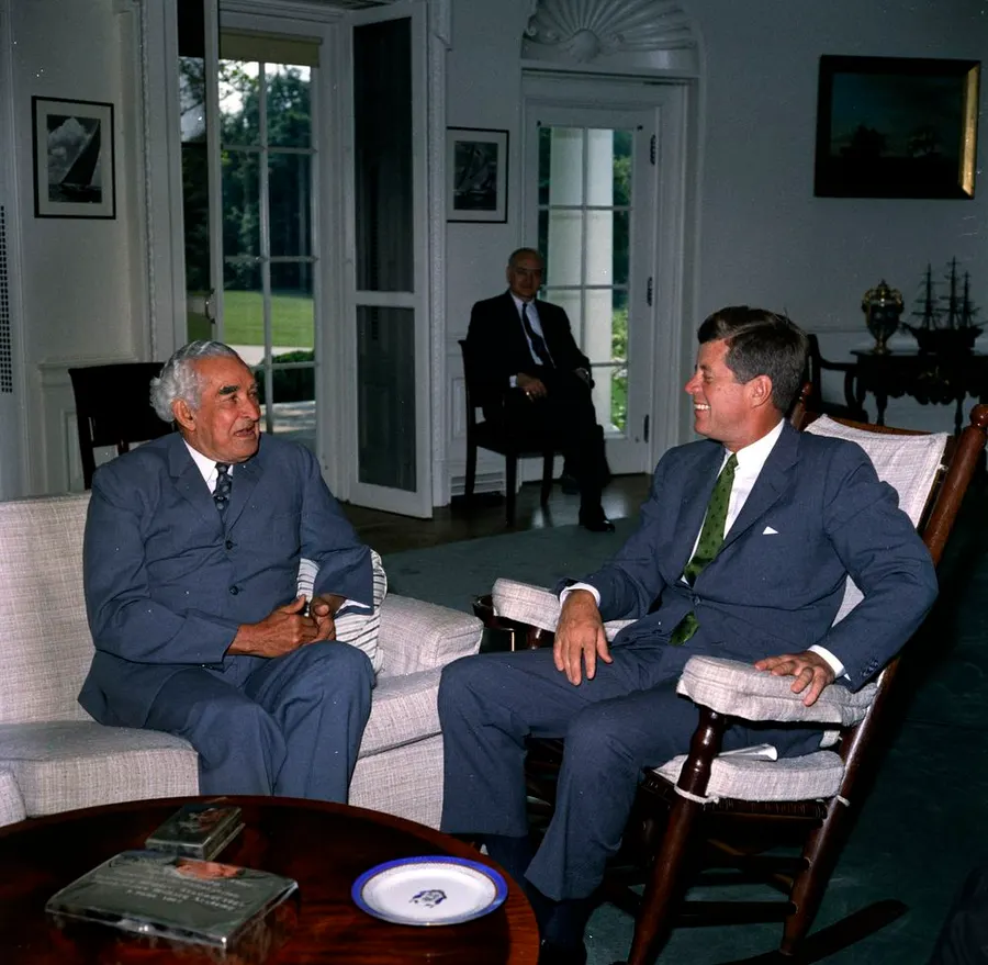 Sir Alexander Bustamante, Jamaica's first prime minister, meets President John F. Kennedy at the White House