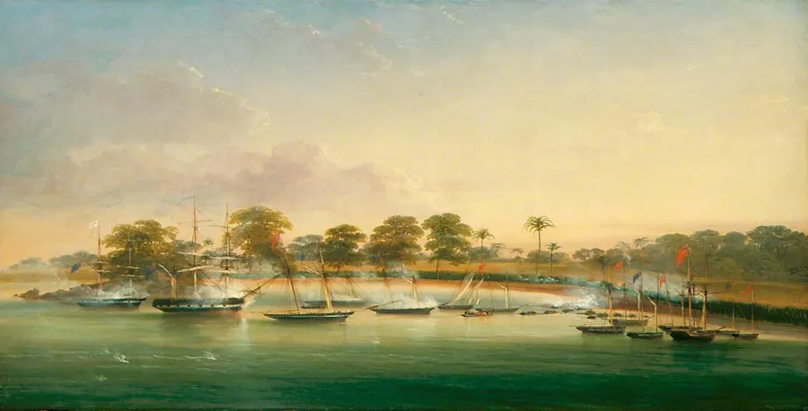 British warships attacked by the forces of the King of Lagos in 1851, painted by James George Philp