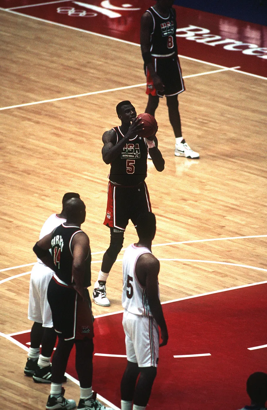 David Robinson takes a free throw for the Dream Team against Puerto Rico at the Barcelona Olympics on 4 August 1992