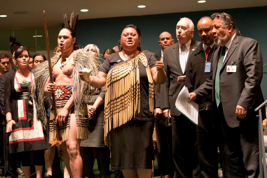 Māori and other New Zealand delegates at the UN Permanent Forum on Indigenous Issues celebrate their country's endorsement of the Declaration on the Rights of Indigenous Peoples in 2010