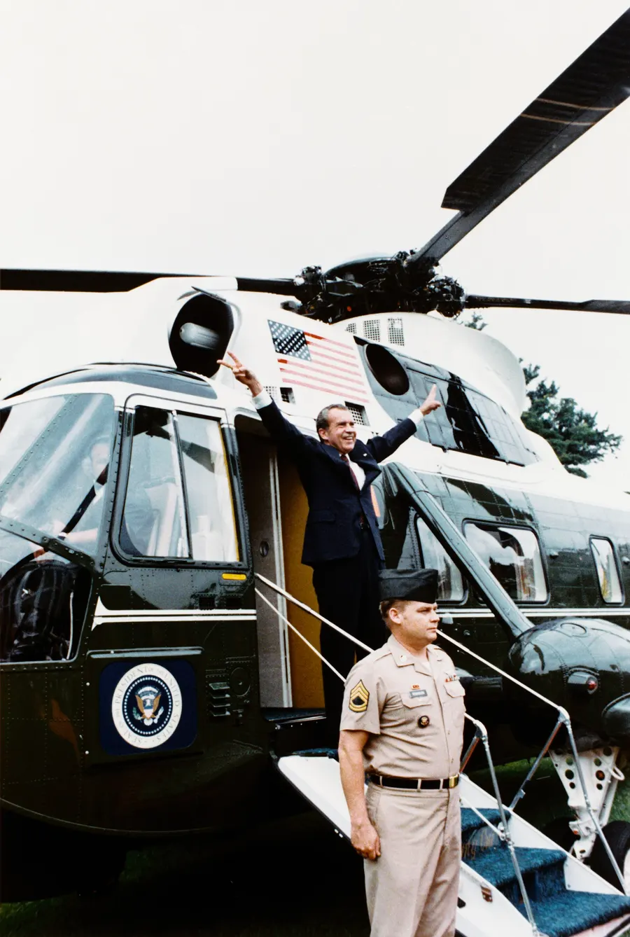 Richard Nixon leaves the White House by helicopter for the last time as president on 9 August 1974