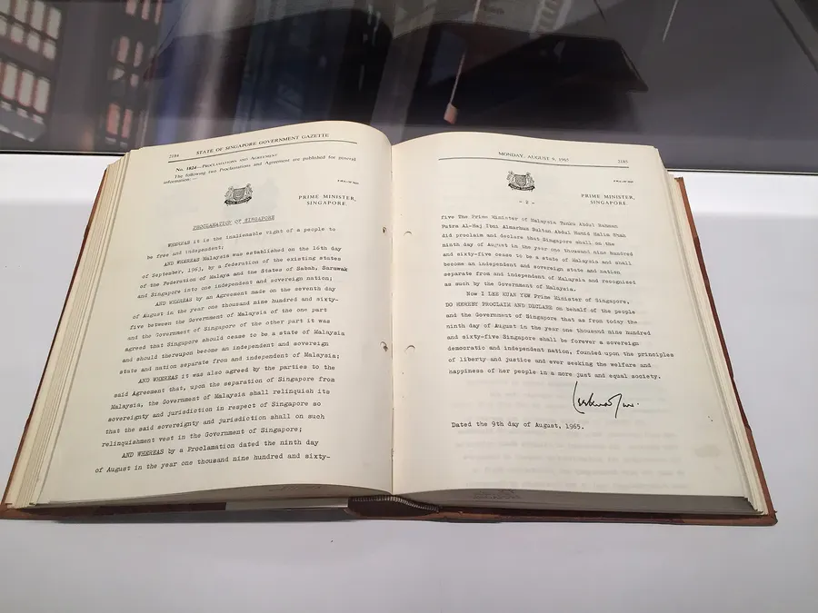 A copy of the Proclamation of Singapore of 9 August 1965, on display at the Supreme Court of Singapore