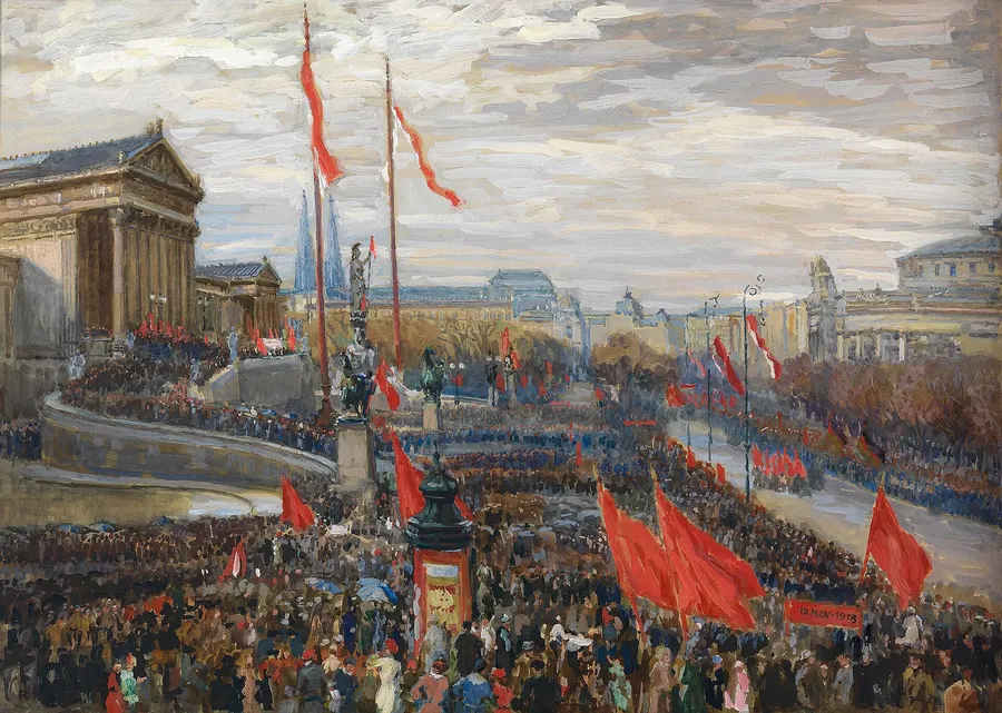 The proclamation of the republic in front of the Parliament in Vienna, 12 November 1918, painted by Rudolf Konopa.