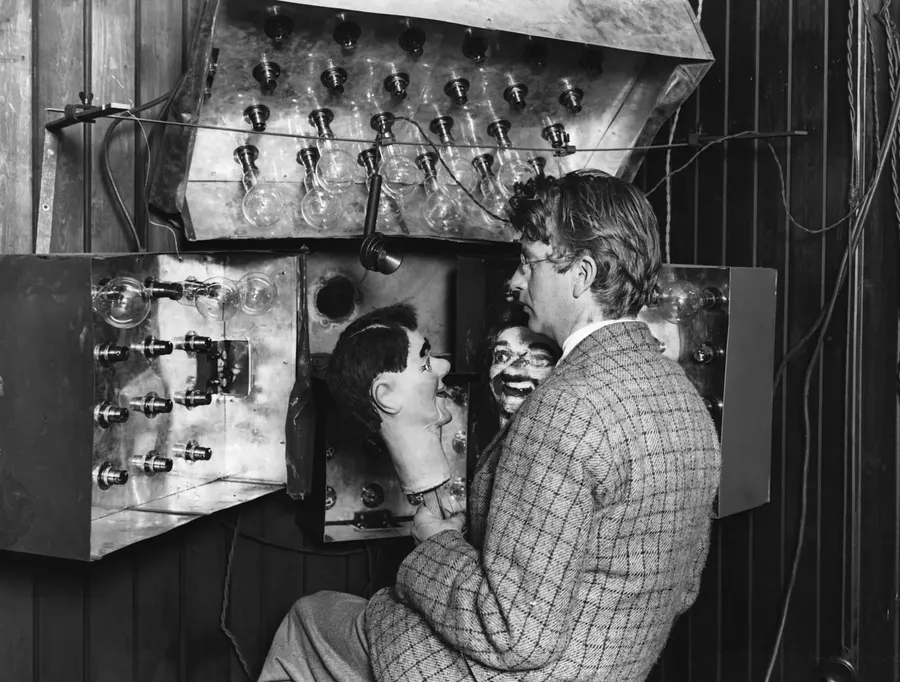 John Logie Baird with a ventriloquist's dummy used in his television experiments