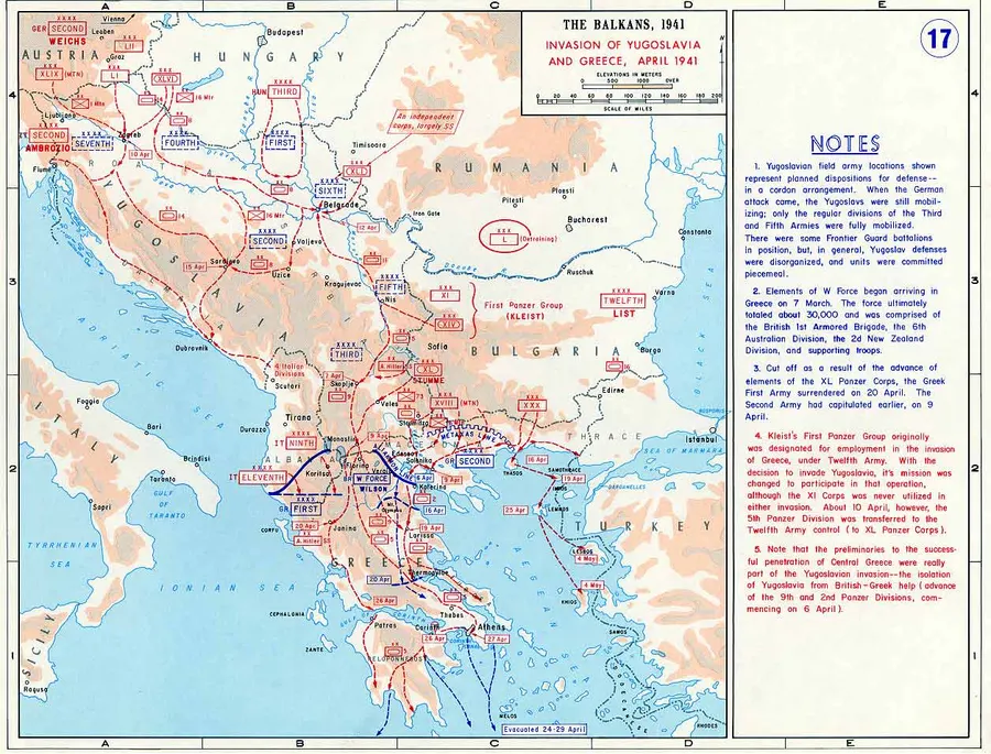 A US Military Academy map of the Axis campaign in the Balkans in April 1941.