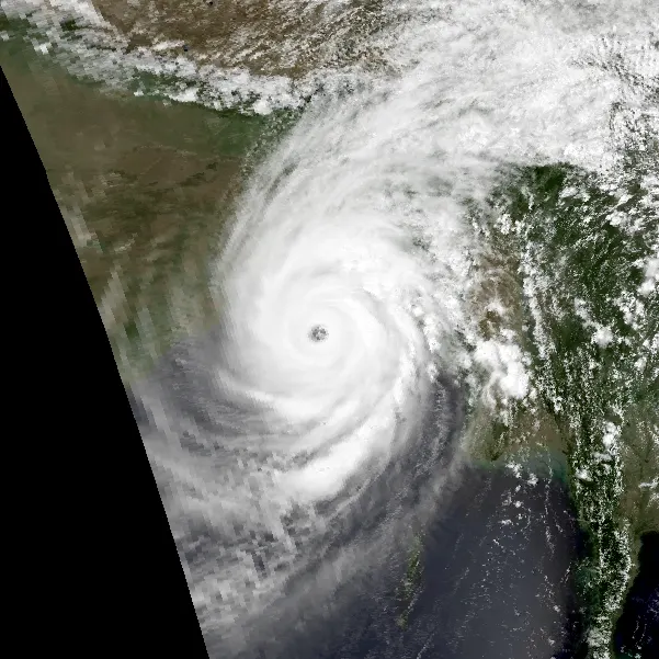 The cyclone over the Bay of Bengal on 29 April 1991, in a NOAA satellite image.