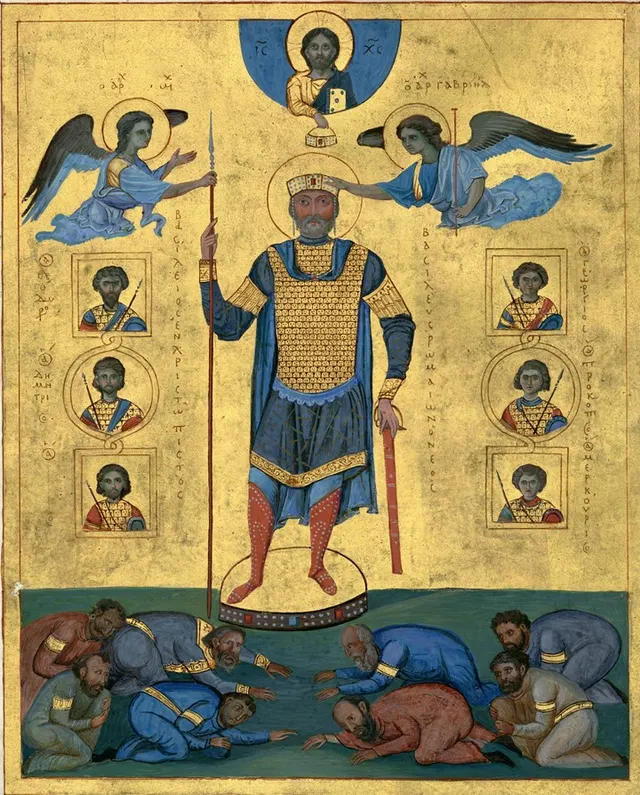 Basil II in a manuscript portrait, crowned by Christ and flanked by angels.