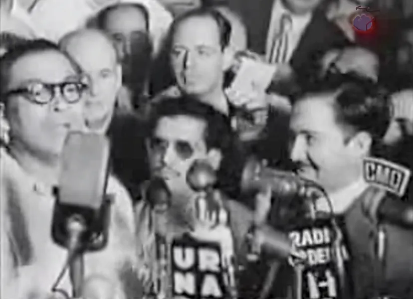 Fulgencio Batista at a press conference at Camp Columbia, Havana, on the day of the coup, 10 March 1952.