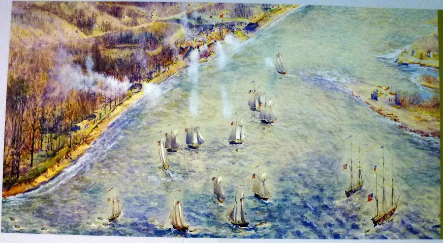 The American naval force off York during the attack of 1813, in a watercolour by Owen Staples.