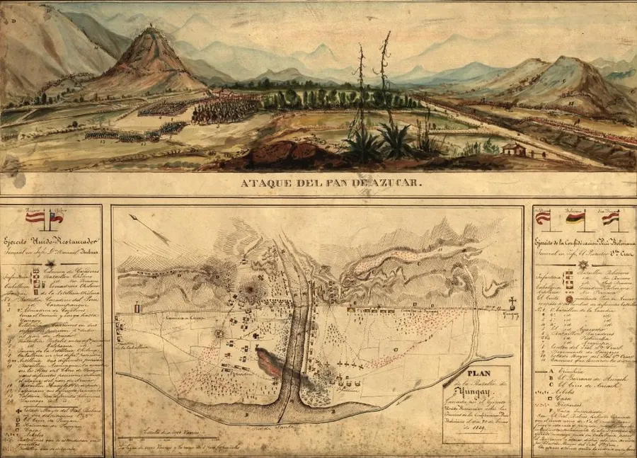 The attack on the Pan de Azúcar hill at Yungay, with a plan of the battle below; a print by Charles Wood Taylor from about 1839.