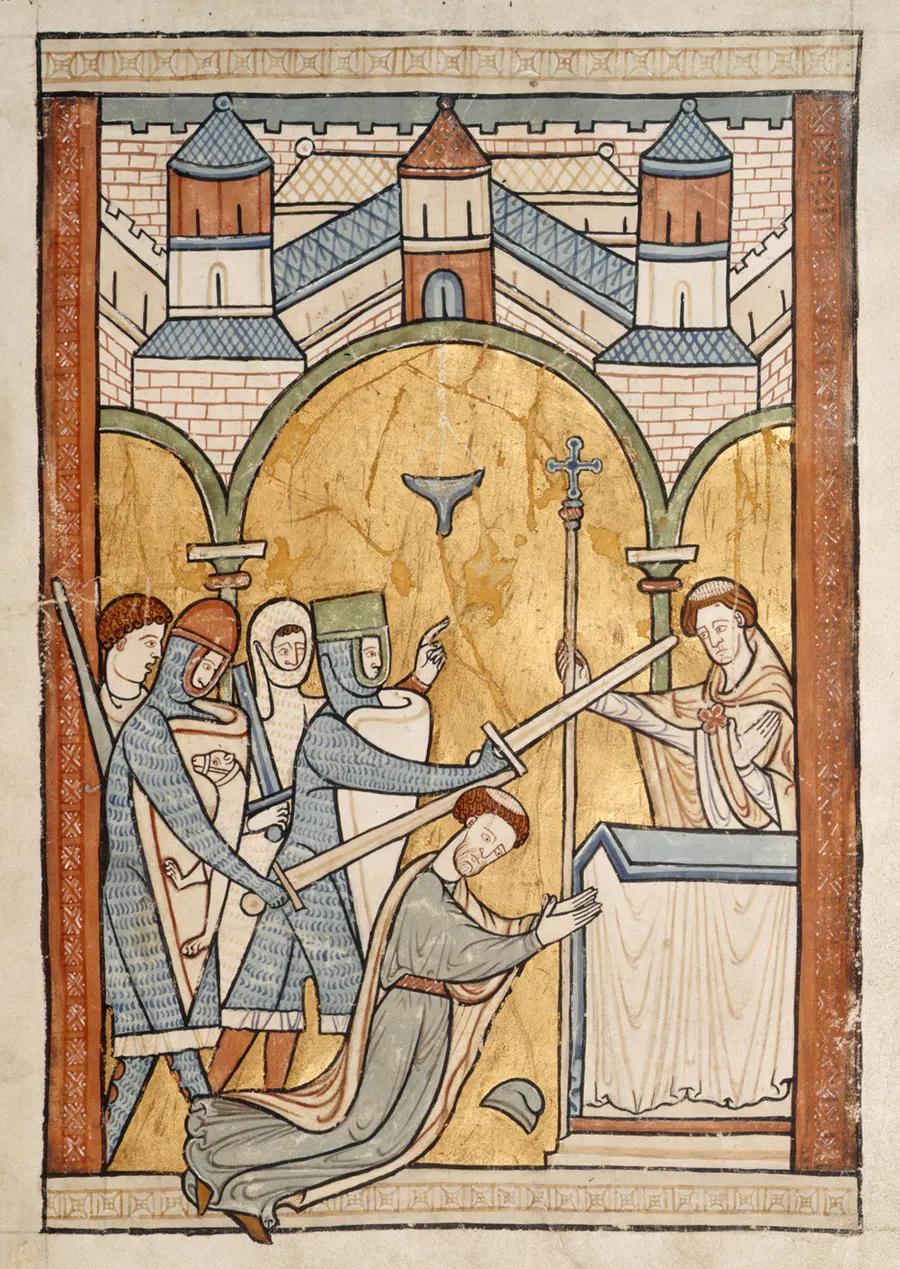 The murder of Thomas Becket, from an English manuscript of about 1200, the earliest known picture of the scene.