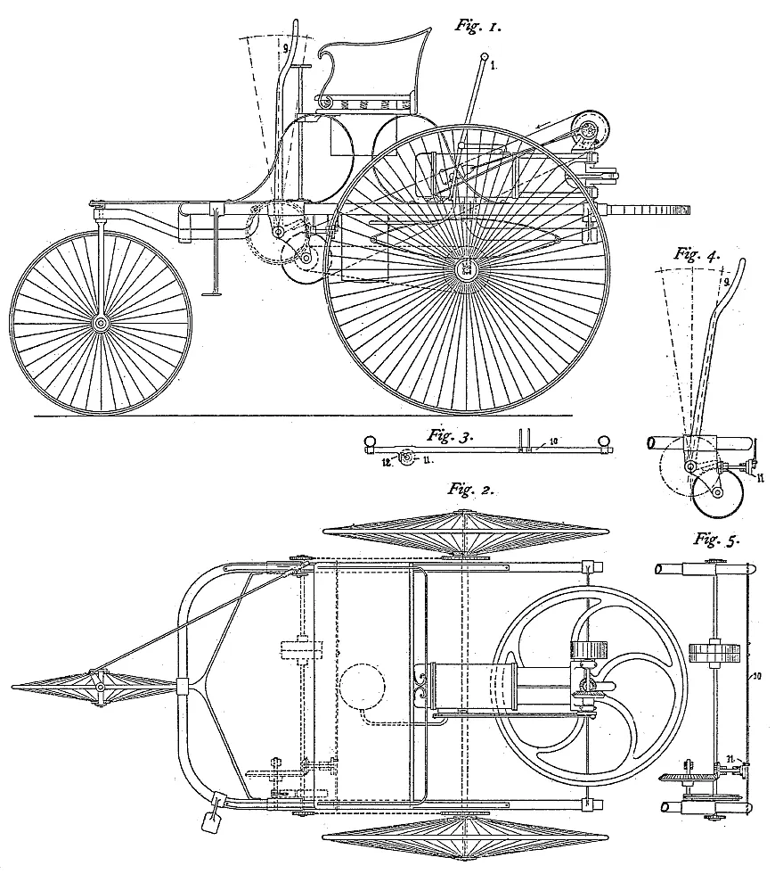 Drawings of the three-wheeled Benz Patent-Motorwagen from its German patent, DRP 37435.