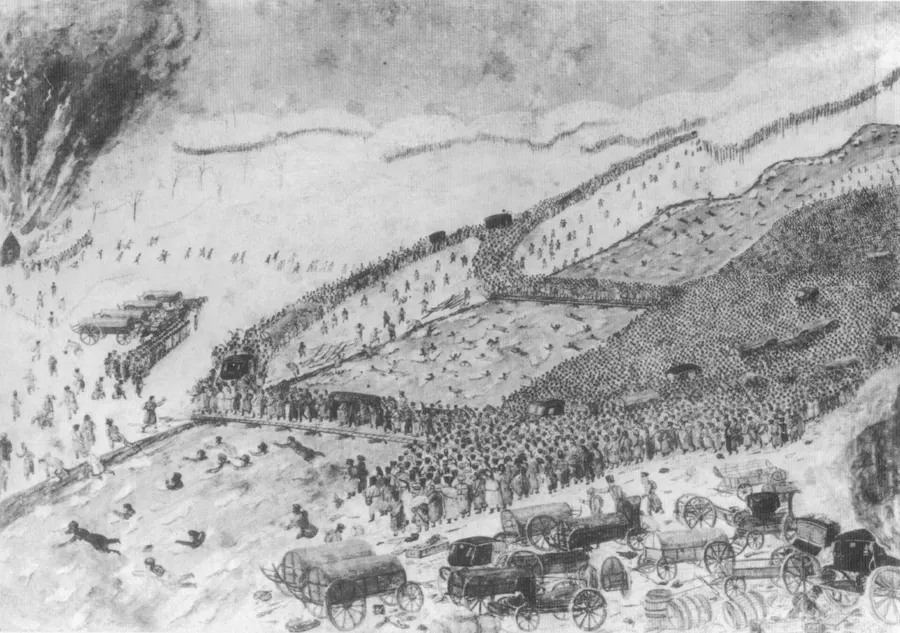 The French army crossing the Berezina, in a watercolour probably by a witness or veteran of the campaign.