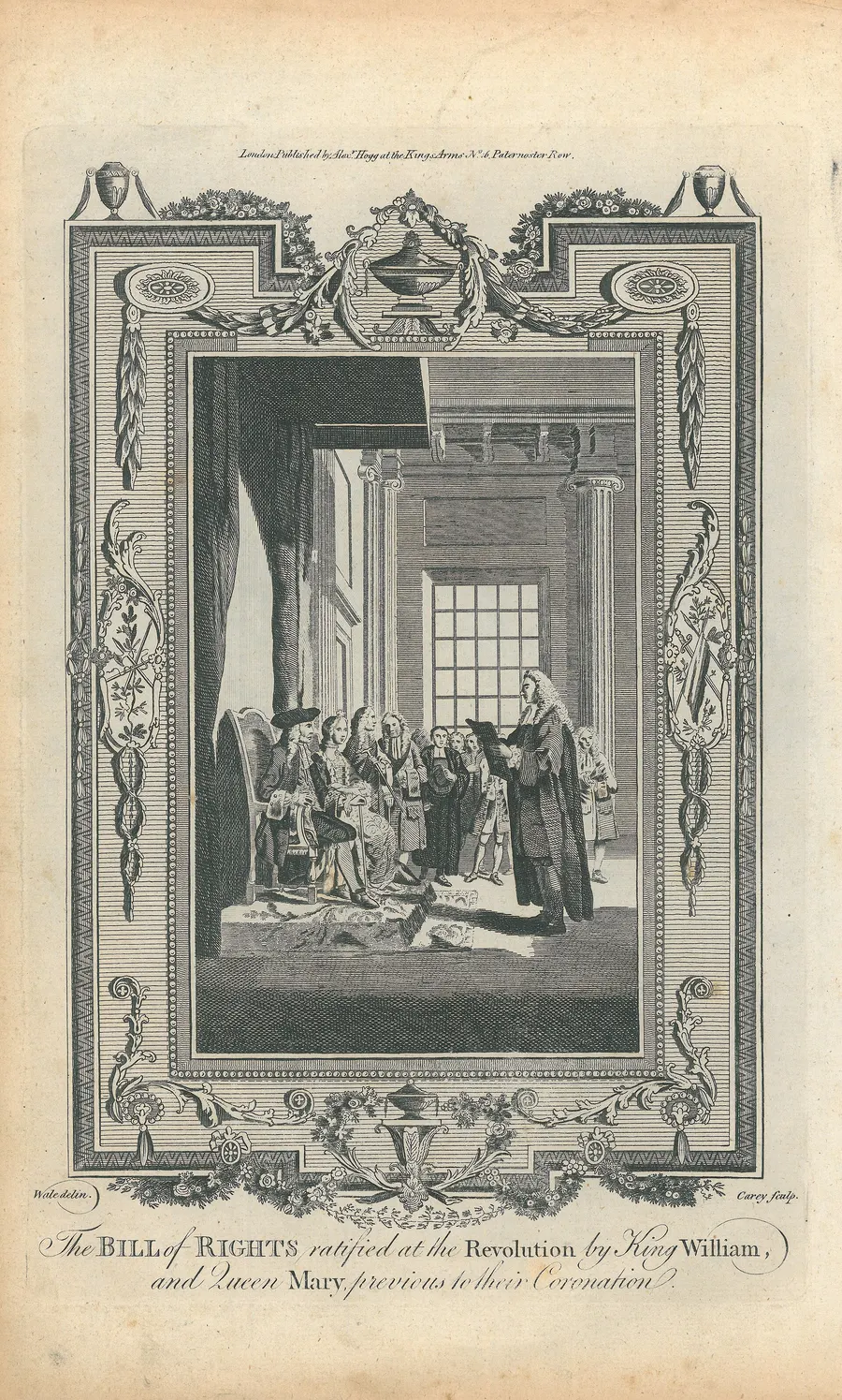 The Bill of Rights ratified by King William and Queen Mary before their coronation, an engraving after Samuel Wale, 1783.