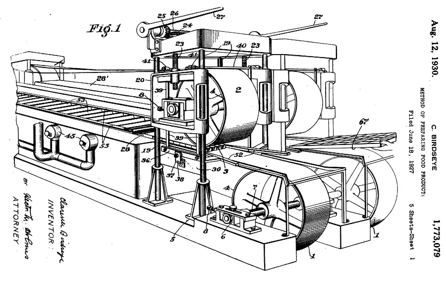 A drawing from Clarence Birdseye's 1930 US patent for quick-frozen fish.