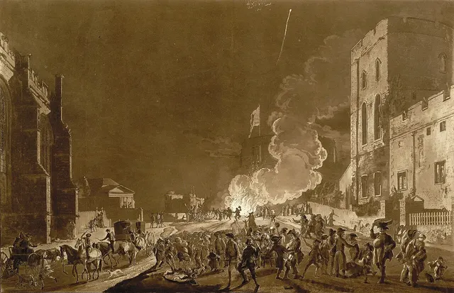 Guy Fawkes night festivities at Windsor Castle, in a print by Paul Sandby of 1776.