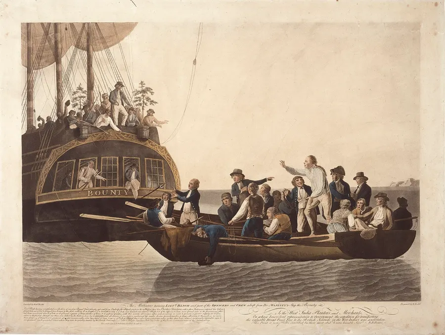 Robert Dodd's 1790 print of the mutineers turning Bligh and his men adrift from the Bounty.