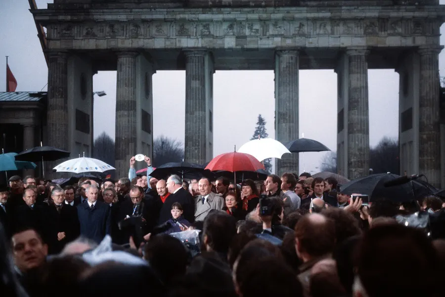 East and West German politicians under the Brandenburg Gate at its opening, 22 December 1989.