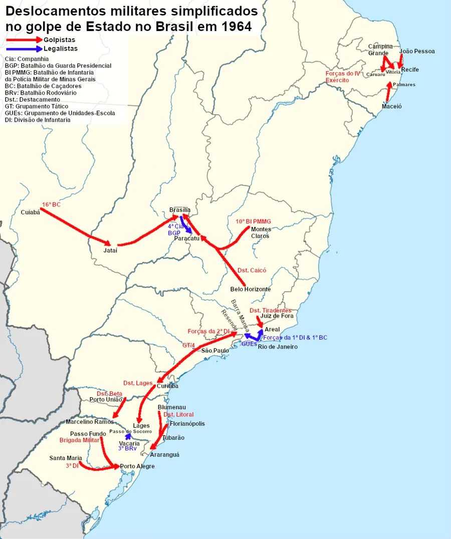 A map of the army's troop movements during the Brazilian coup of 1964.