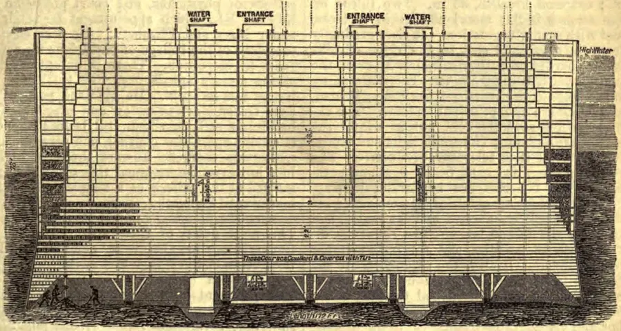 A drawing of one of the great timber caissons used by Washington Roebling to build the Brooklyn Bridge, published in 1879.