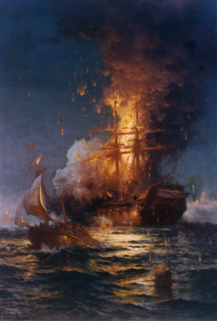 The Philadelphia ablaze in Tripoli harbour, with the Intrepid escaping in the foreground, painted by Edward Moran in 1897.