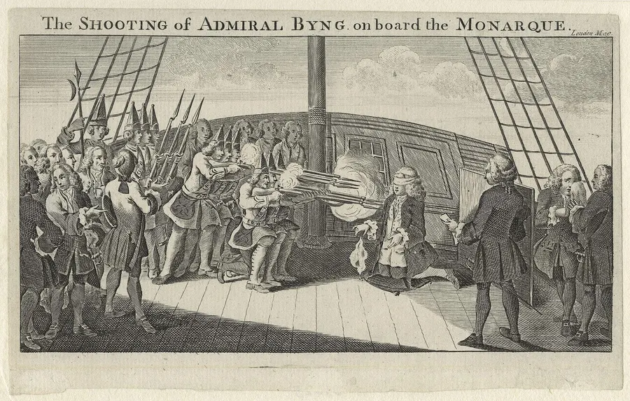 The shooting of Admiral Byng on board the Monarch, an engraving of 1757.