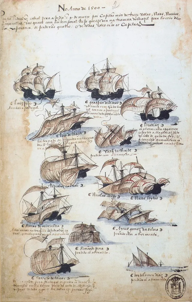 Cabral's fleet as drawn in a Portuguese record of about 1568.