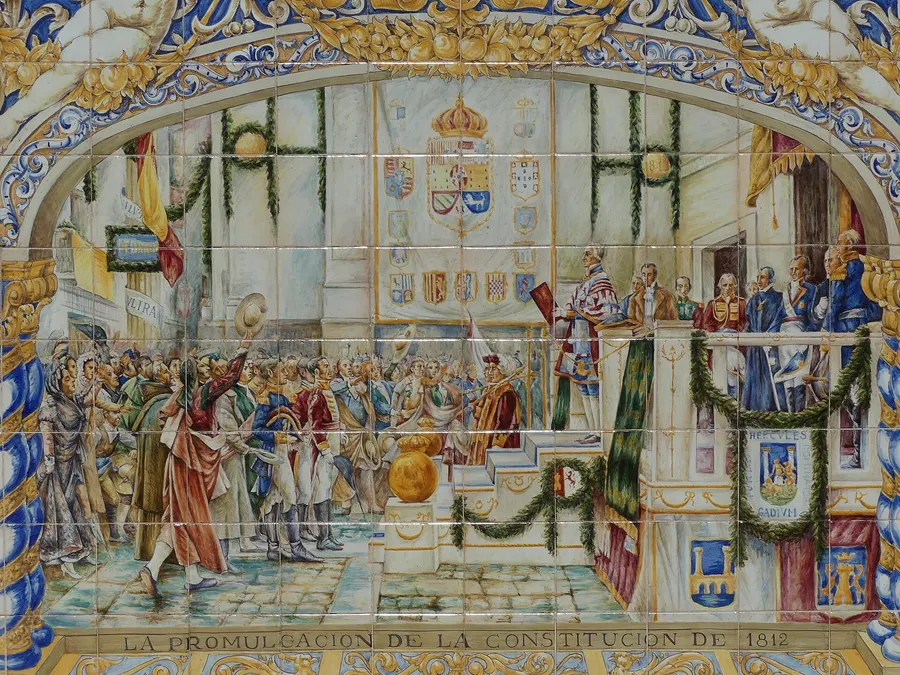 The promulgation of the Constitution of 1812, on a tiled bench in the Plaza de España in Seville, after a painting by Salvador Viniegra.