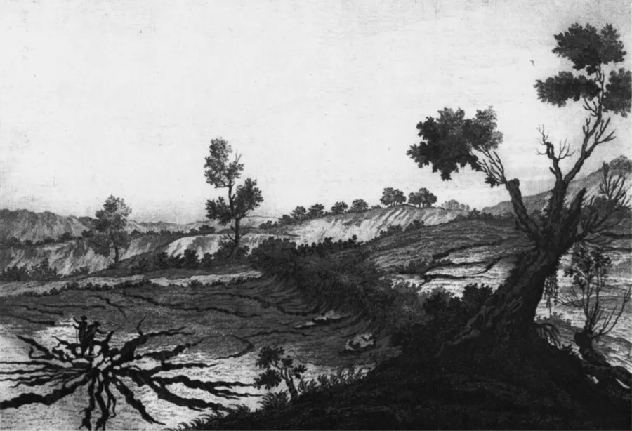 Radiating cracks in the ground near Gerocarne, from the illustrated report of the 1783 earthquakes published by Michele Sarconi in 1784.