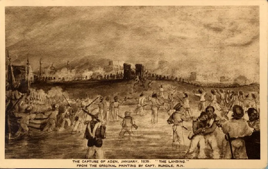 British troops landing at Aden in January 1839, from a painting by Captain J. S. Rundle of the Royal Navy, who took part.