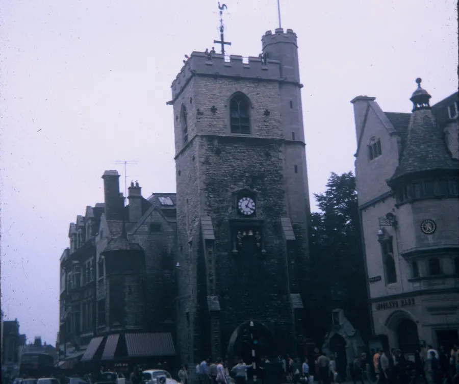 Carfax Tower in Oxford, photographed in 1968. The Swindlestock tavern, where the riot began, stood at the Carfax crossroads.