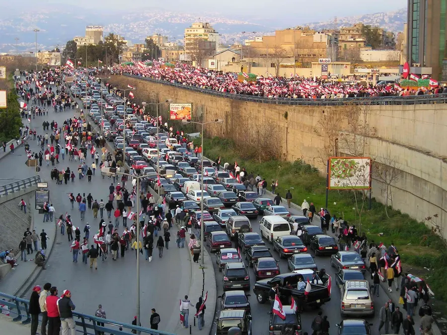 Demonstrators crowd the roads into central Beirut during the Cedar Revolution of 2005.