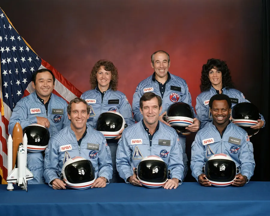 The crew of Challenger's mission STS-51-L in their official portrait, 15 November 1985.
