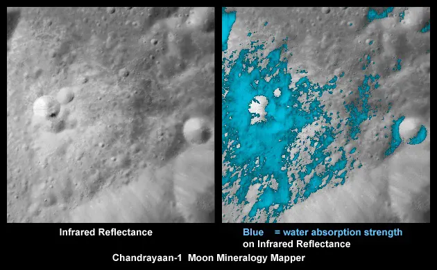 Chandrayaan-1 mapped water on the Moon; this image marks where the evidence was found.