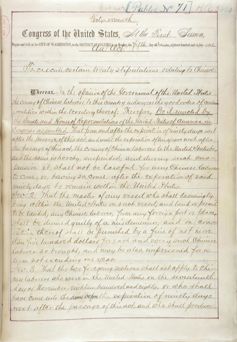 The first page of the Chinese Exclusion Act of 1882.