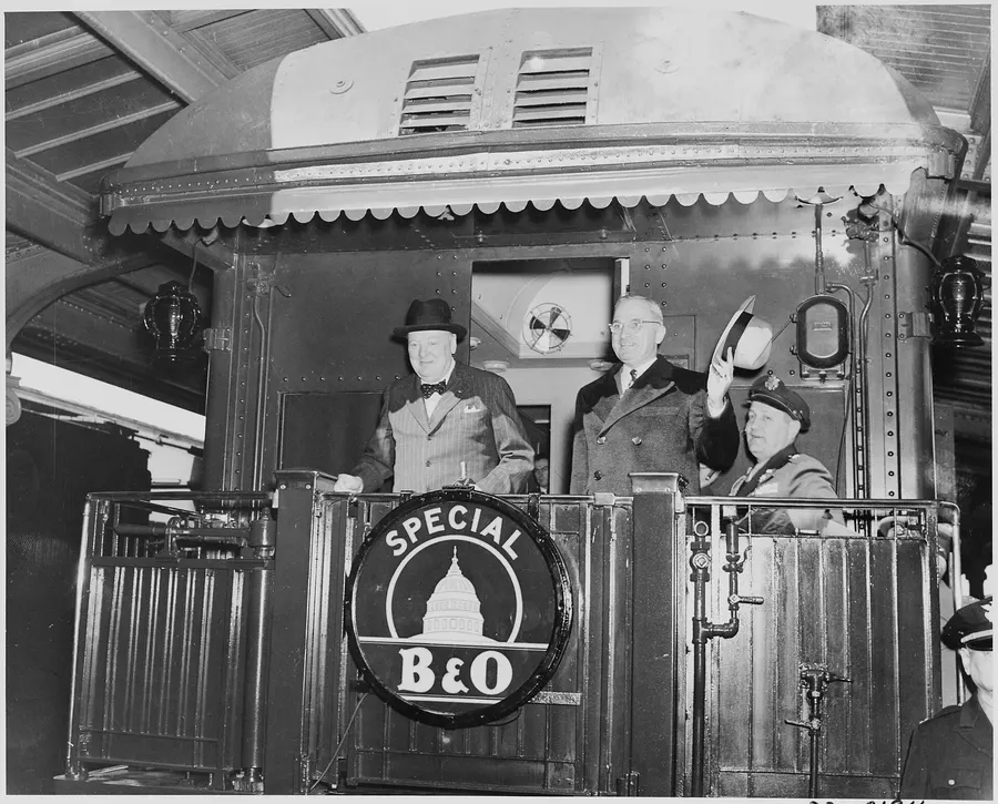 Winston Churchill and President Truman on the train taking them to Fulton, Missouri, March 1946.