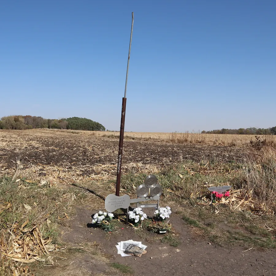 The memorial at the crash site near Clear Lake, Iowa, to Buddy Holly, Ritchie Valens, J. P. Richardson and their pilot.