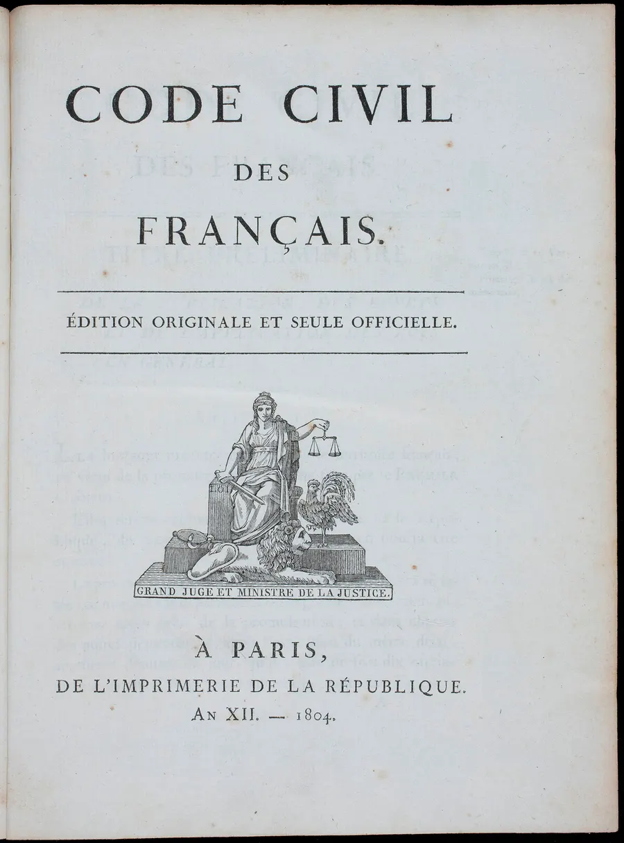 The title page of the original official edition of the Code civil des Français, Paris, 1804.