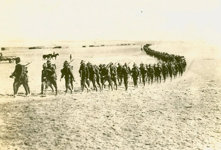 US infantry marching across the plains south of Columbus, New Mexico, in 1916.