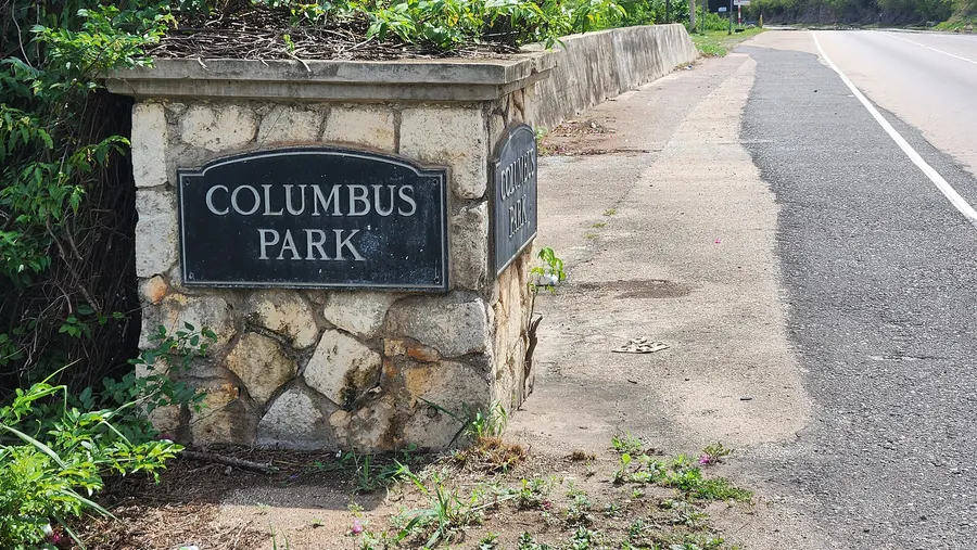The roadside sign for Columbus Park at Discovery Bay, Jamaica, near where Columbus came ashore.