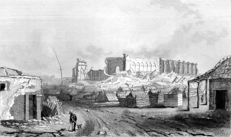 The ruins of Concepción cathedral after the earthquake, drawn by John Clements Wickham of HMS Beagle.