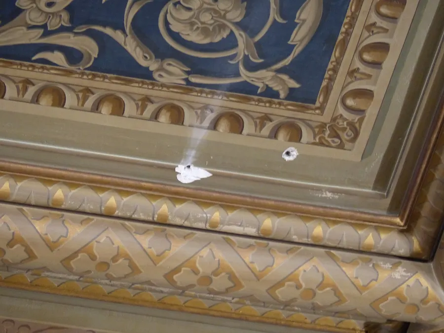 Bullet holes left in the ceiling of Spain's Congress of Deputies by the 1981 coup attempt, photographed in 2015.
