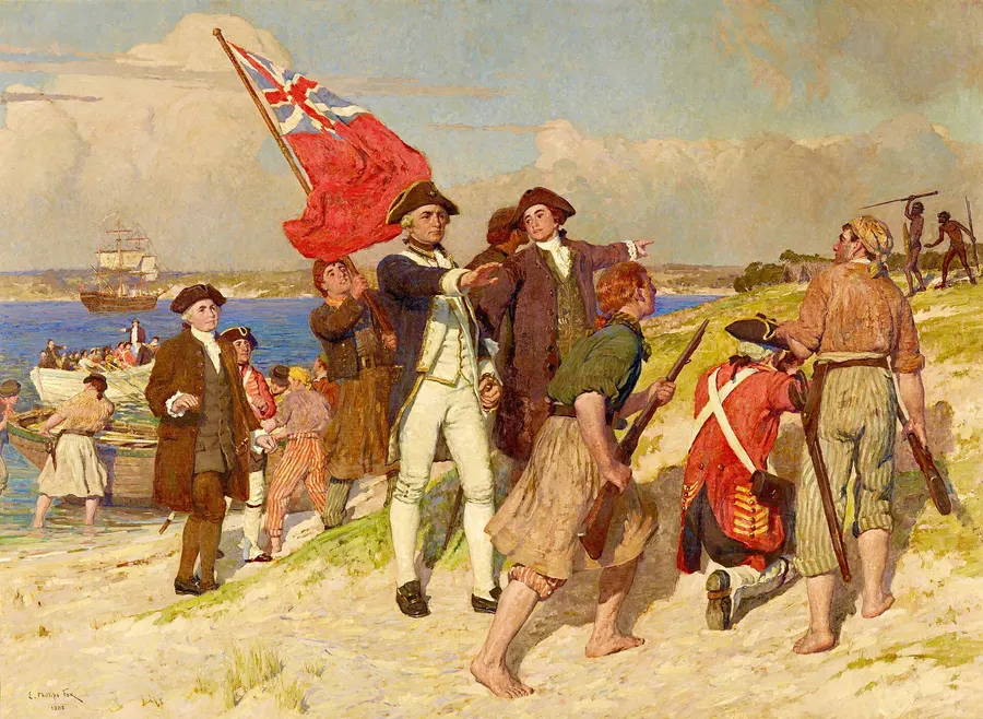 E. Phillips Fox's painting of Cook's landing at Botany Bay, an imagined scene painted more than a century later.