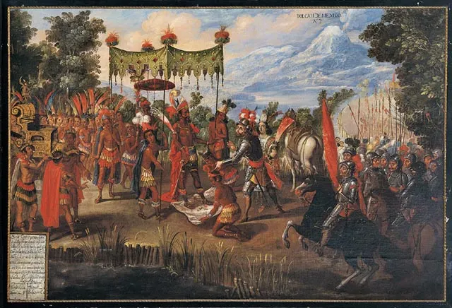 The meeting of Cortés and Moctezuma, in a painting by unknown artists.